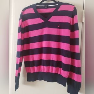 Nautica V-neck Sweater Navy & Pink Stripes